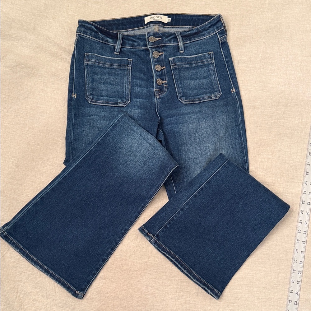 Hidden Button Closure Flare Blue Jeans
